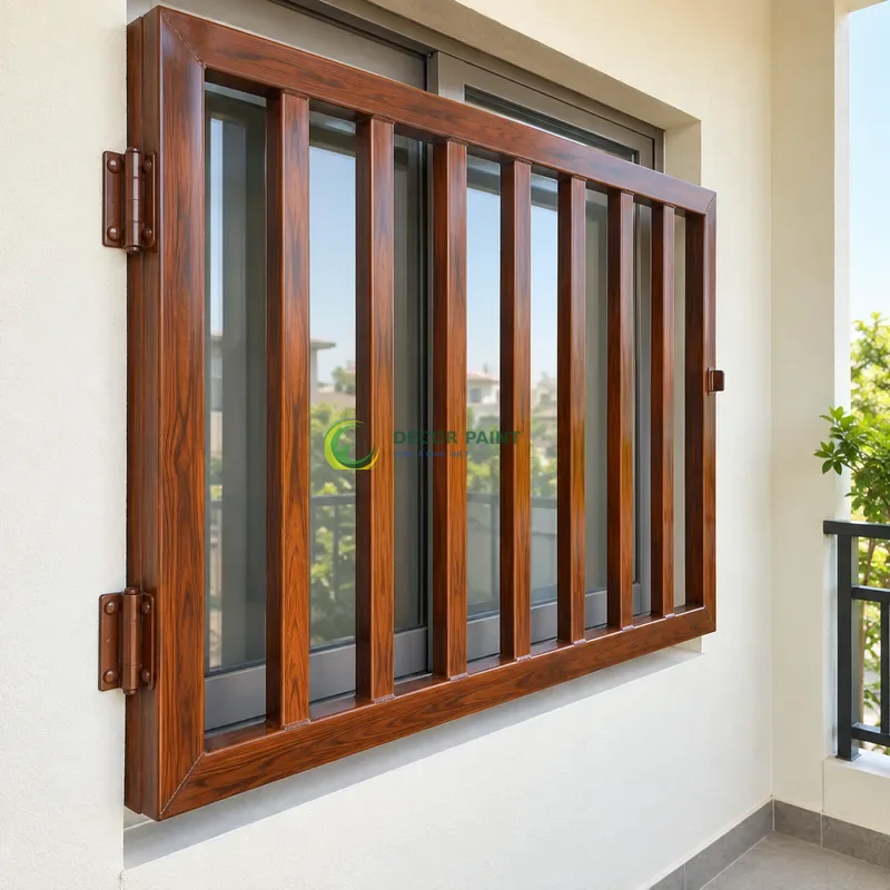 Song cửa sổ sắt sơn giả gỗ cánh gián, góc ban công có mái che và tường ngà, góc chếch từ trên xuống.