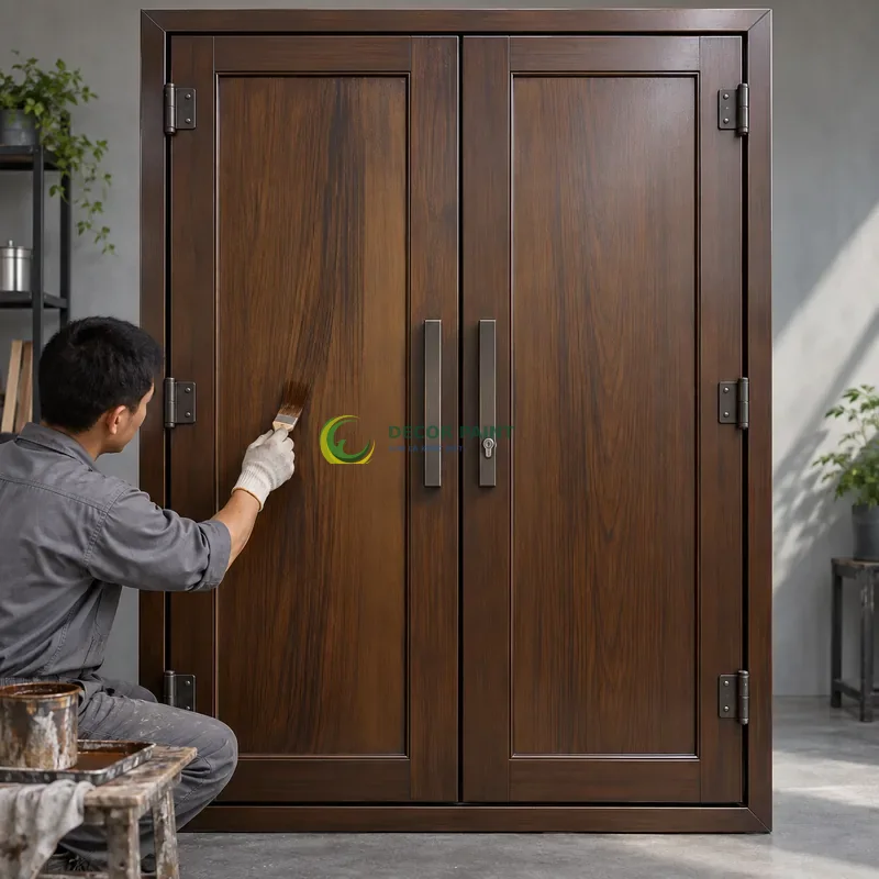 Cửa sắt thép 2 cánh sơn giả gỗ óc chó sẫm, panô phẳng và hai dải dọc hai bên, minh hoạ thao tác tạo vân trên lớp lót, góc chính diện cân đối.