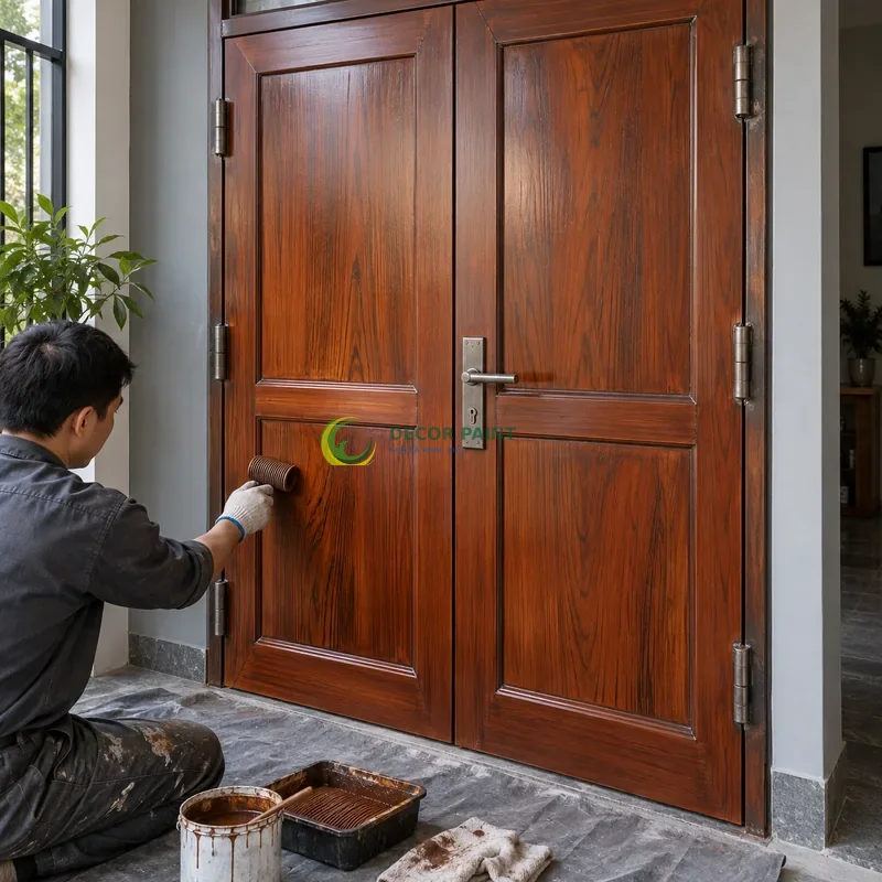 Cửa sắt thép 2 cánh sơn giả gỗ cánh gián, hai panô chữ nhật trên mỗi cánh, minh hoạ thao tác tạo vân trên lớp lót, góc chéo vừa, làm rõ mối ghép.