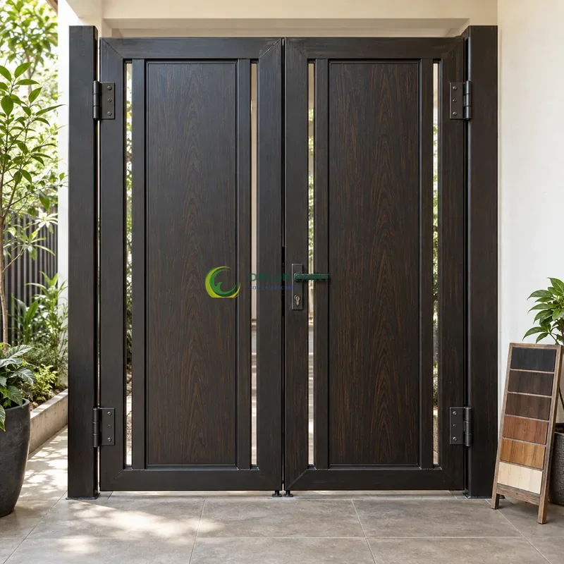 Cửa sắt thép 2 cánh sơn giả gỗ đen đậm, panô phẳng và hai dải dọc hai bên, với mẫu màu để tham khảo lựa chọn, góc thấp vừa, thấy trọn chủ thể.