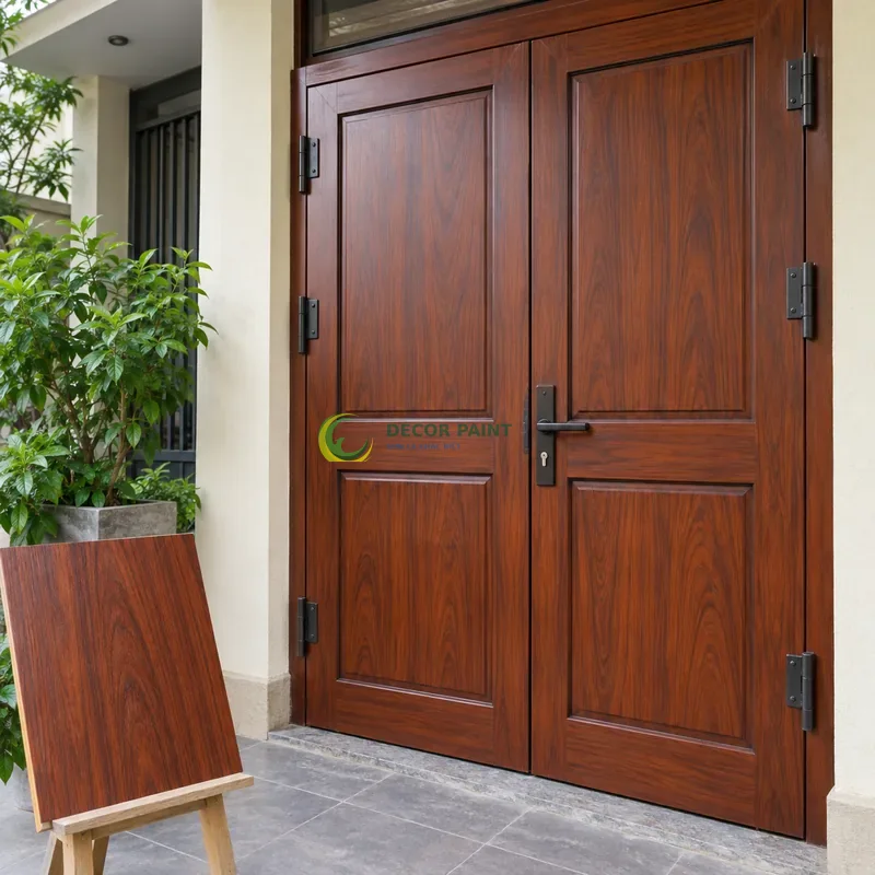Cửa sắt thép 2 cánh sơn giả gỗ cánh gián, hai panô chữ nhật trên mỗi cánh, với mẫu màu để tham khảo lựa chọn, góc ba phần tư từ bên trái.