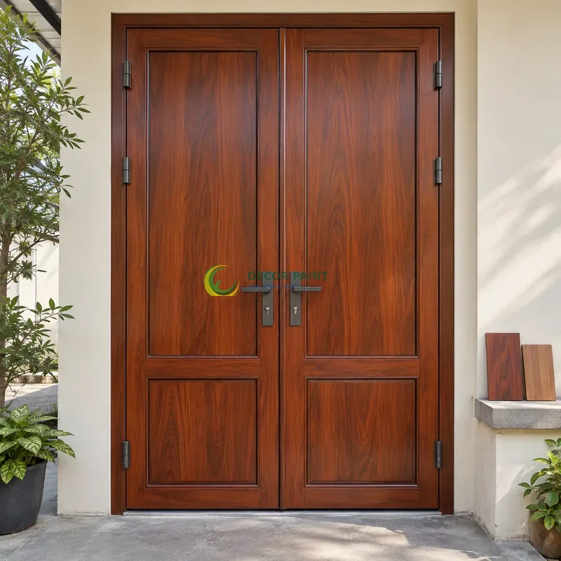 Cửa sắt thép 2 cánh sơn giả gỗ cánh gián, panô dài phía trên và ô thấp phía dưới, với mẫu màu để tham khảo lựa chọn, góc gần chính diện, thấy rõ kết cấu.