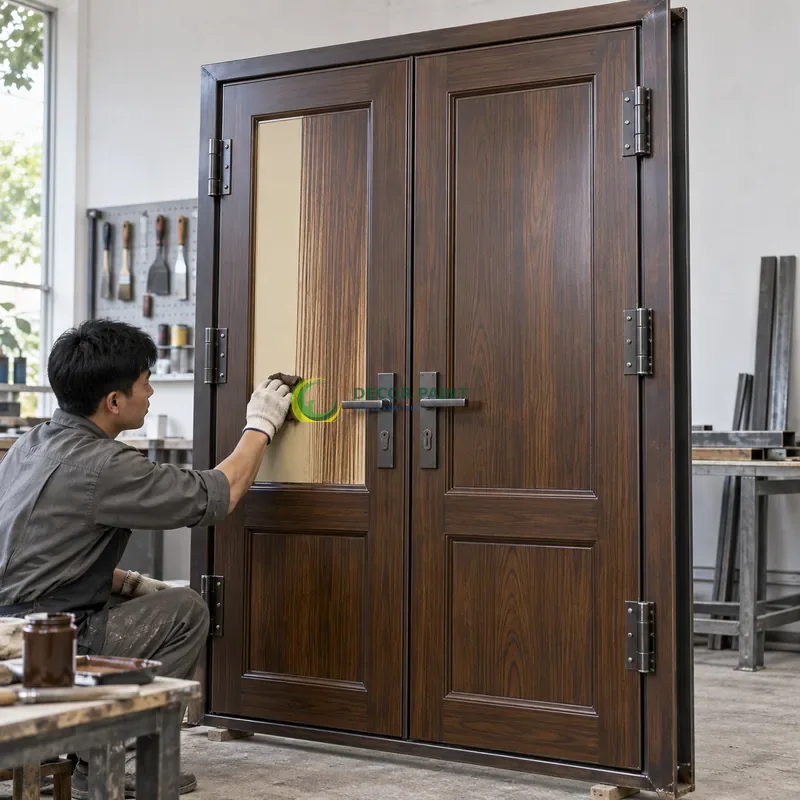 Cửa sắt thép 2 cánh sơn giả gỗ óc chó sẫm, panô dài phía trên và ô thấp phía dưới, minh hoạ thao tác tạo vân trên lớp lót, góc ba phần tư từ bên phải.