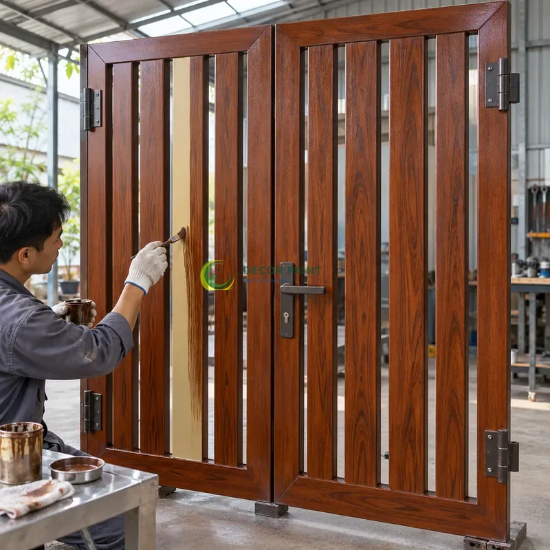 Cửa sắt thép 2 cánh sơn giả gỗ cánh gián, nan dọc rộng hẹp xen kẽ, minh hoạ thao tác tạo vân trên lớp lót, góc nghiêng nhẹ, rõ cạnh phía trước.