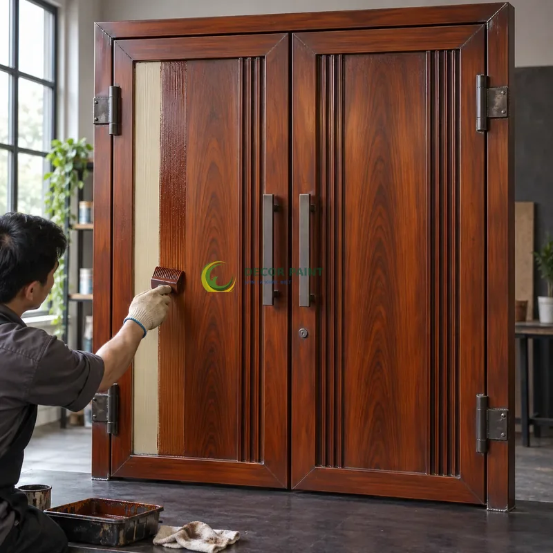 Cửa sắt thép 2 cánh sơn giả gỗ cánh gián, tấm giữa rộng và gân dọc mảnh, minh hoạ thao tác tạo vân trên lớp lót, góc chếch từ trên xuống.