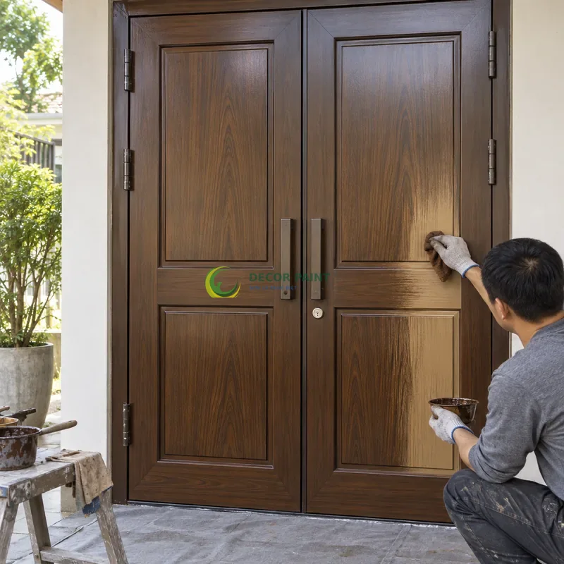 Cửa sắt thép 2 cánh sơn giả gỗ óc chó sẫm, bốn ô chữ nhật cân đối trên mỗi cánh, minh hoạ thao tác tạo vân trên lớp lót, góc chính diện cân đối.