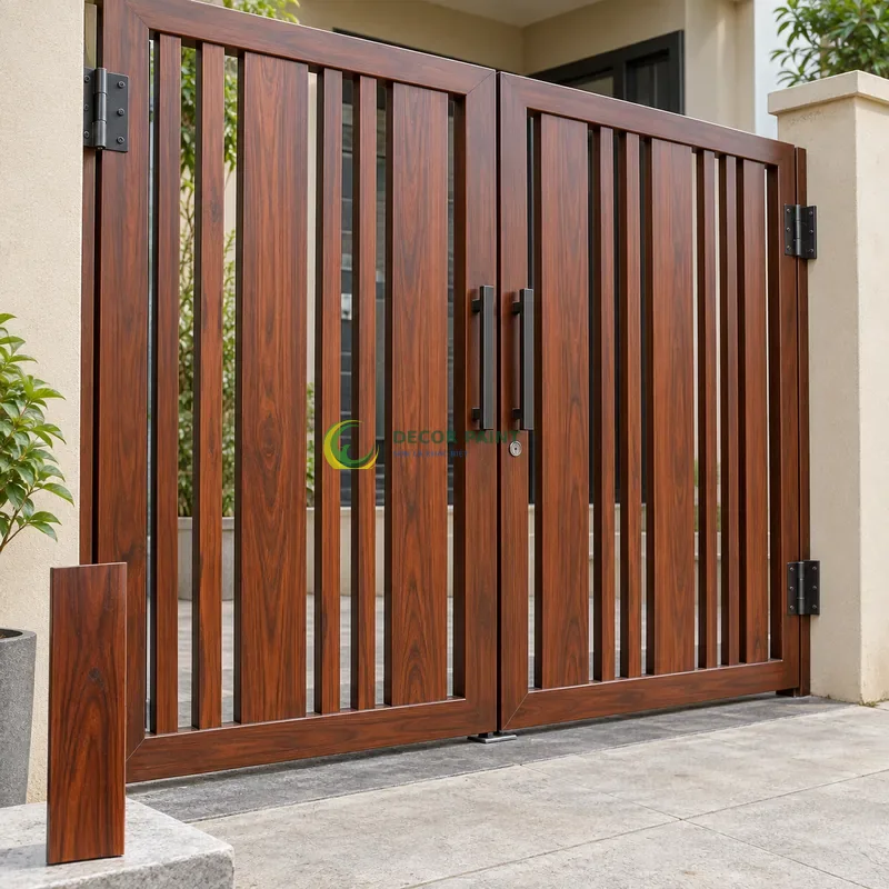 Cửa sắt thép 2 cánh sơn giả gỗ cánh gián, nan dọc rộng hẹp xen kẽ, với mẫu màu để tham khảo lựa chọn, góc chéo vừa, làm rõ mối ghép.