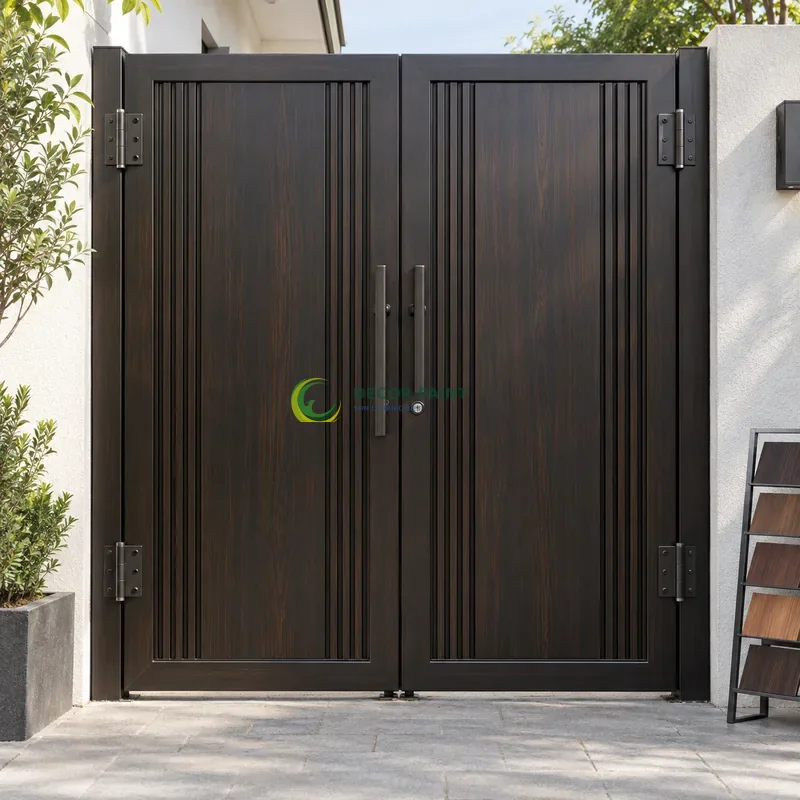 Cửa sắt thép 2 cánh sơn giả gỗ đen đậm, tấm giữa rộng và gân dọc mảnh, với mẫu màu để tham khảo lựa chọn, góc thấp vừa, thấy trọn chủ thể.