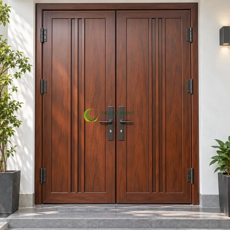 Cửa sắt thép 2 cánh sơn giả gỗ cánh gián, cặp gân dọc mảnh trên nền panô phẳng, lối vào có bậc thấp và tường bên màu trắng, góc gần chính diện, thấy rõ kết cấu.