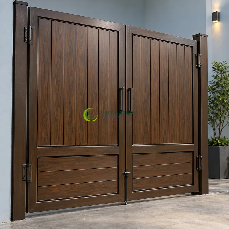 Cổng sắt thép 2 cánh sơn giả gỗ óc chó sẫm, panô dài phía trên và ô thấp phía dưới, góc trưng bày có tường xanh xám nhạt, góc ba phần tư từ bên phải.