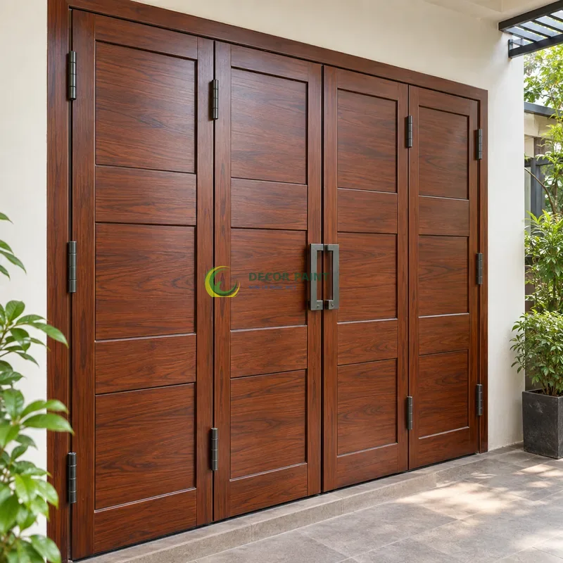 Cửa sắt thép 4 cánh sơn giả gỗ cánh gián, ba ô ngang rộng trong khung sắt, lối đi có mái che sát vườn nhỏ, góc nghiêng nhẹ, rõ cạnh phía trước.