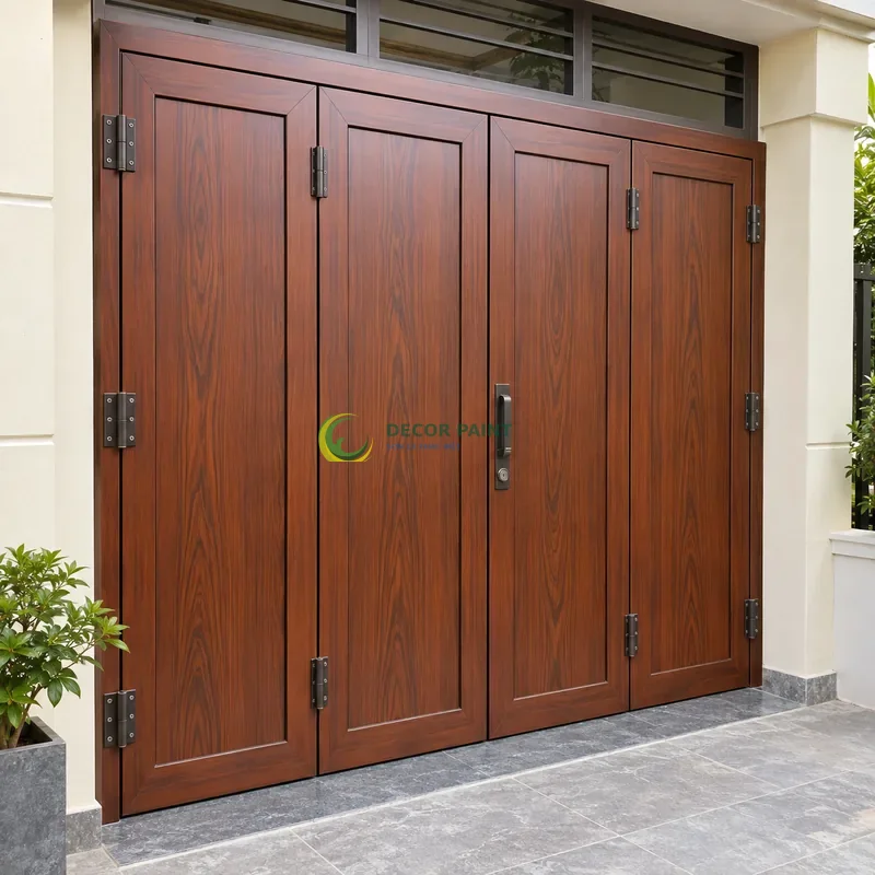 Cửa sắt thép 4 cánh sơn giả gỗ cánh gián, panô phẳng và hai dải dọc hai bên, lối vào nhà phố có tường sáng, góc chếch từ trên xuống.