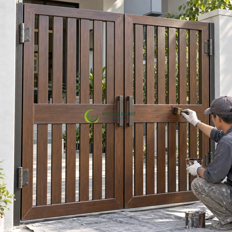 Cửa sắt thép 2 cánh sơn giả gỗ óc chó sẫm, nan dọc có thanh ngang tạo điểm nhấn, minh hoạ thao tác tạo vân trên lớp lót, góc chính diện cân đối.