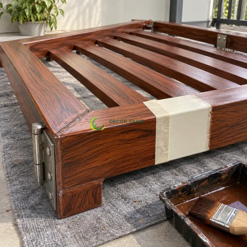 Mẫu sắt thép sơn giả gỗ cánh gián, tấm mẫu chữ nhật có cạnh gấp, minh hoạ lớp lót màu kem cạnh vùng sơn tạo vân, góc cận nhấn cạnh đầu vật mẫu.