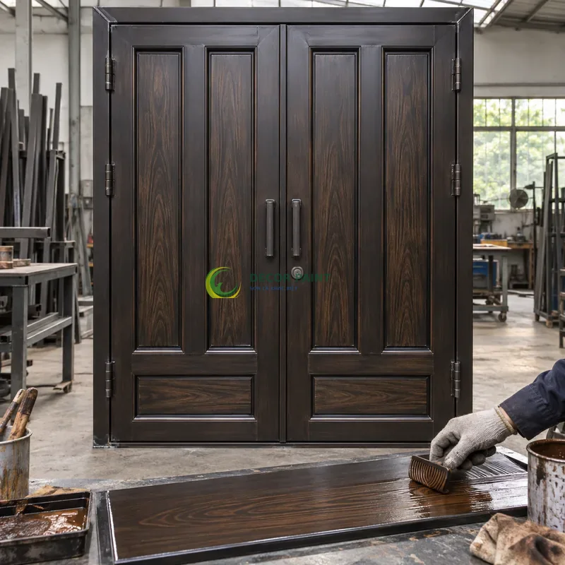 Cửa sắt thép 2 cánh sơn giả gỗ đen đậm, ba panô đứng và thanh chân hẹp, minh hoạ thao tác tạo vân trên lớp lót, góc thấp vừa, thấy trọn chủ thể.
