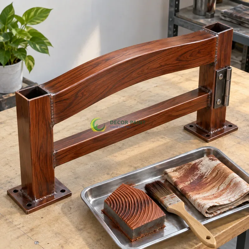 Mẫu sắt thép sơn giả gỗ cánh gián, thanh cong nhẹ có giằng thẳng, bên dụng cụ tạo vân và mẫu sơn hoàn thiện, góc cao chéo theo đường chéo khung hình.