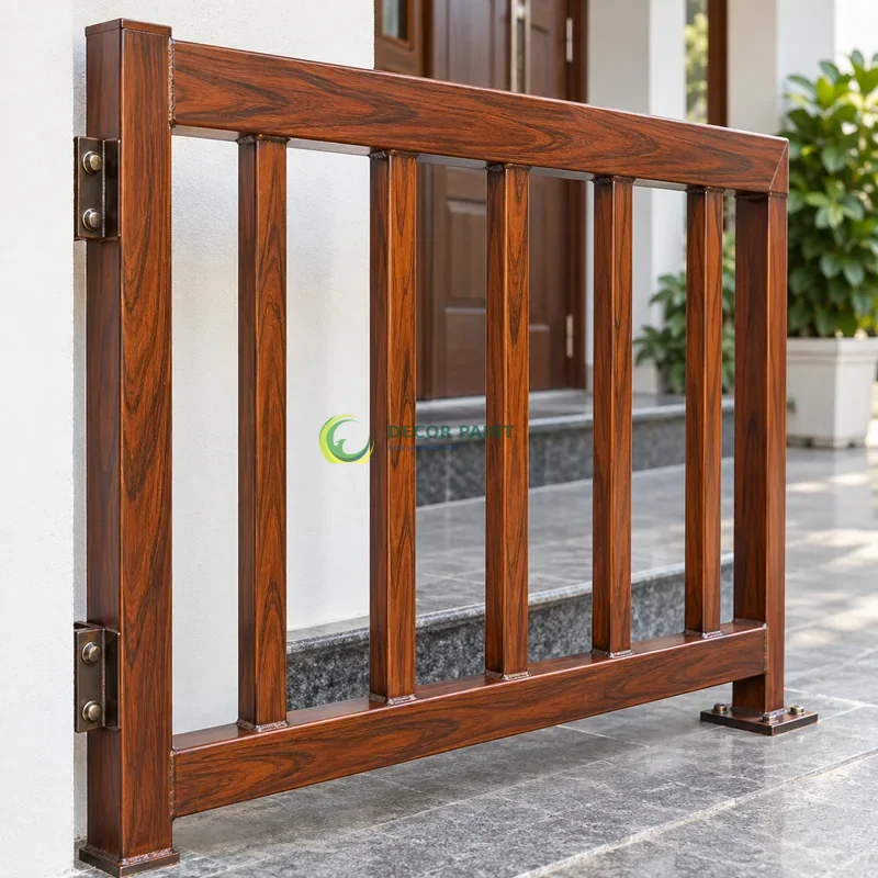 Mẫu sắt thép sơn giả gỗ cánh gián, môđun lan can có tay vịn và năm thanh đứng, lối vào có bậc thấp và tường bên màu trắng, góc cận bên trái với vật mẫu dựng đứng.