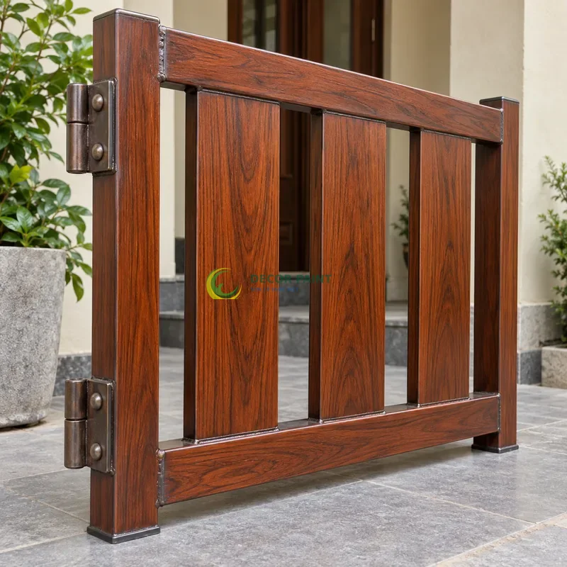 Mẫu sắt thép sơn giả gỗ cánh gián, khung chữ nhật có ba lá dọc rộng, lối vào nhà phố có tường sáng, góc cận ba phần tư trên bàn.