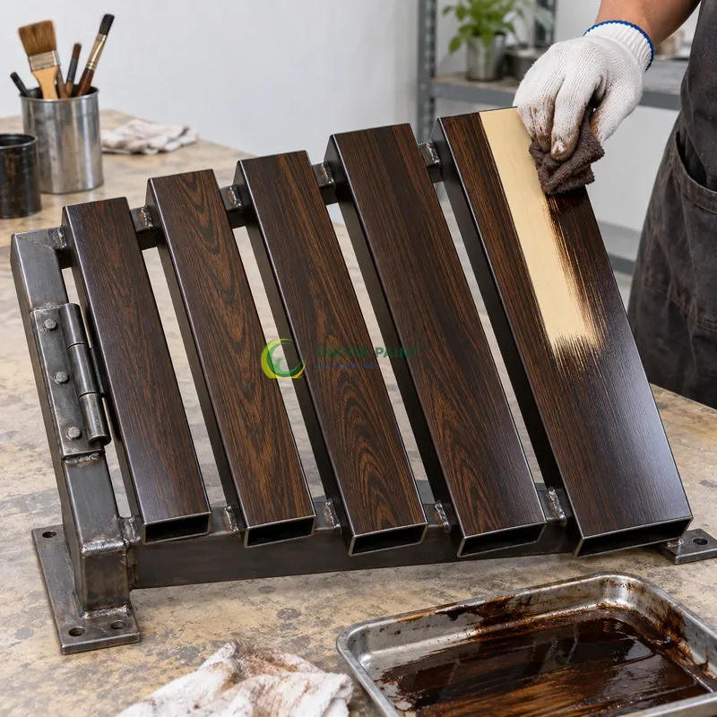Mẫu sắt thép sơn giả gỗ đen đậm, sáu thanh mẫu rộng hẹp trên cùng giá, minh hoạ thao tác tạo vân trên lớp lót, góc cao nhẹ thấy trọn môđun mẫu.