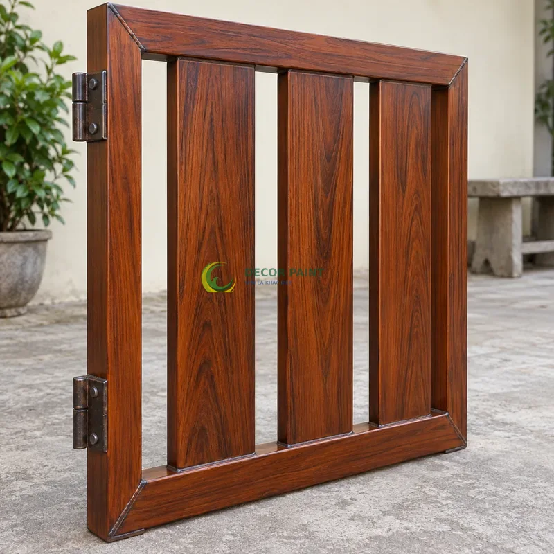 Mẫu sắt thép sơn giả gỗ cánh gián, khung chữ nhật có ba lá dọc rộng, sân trong có nền xi măng trung tính, góc cận bên trái với vật mẫu dựng đứng.