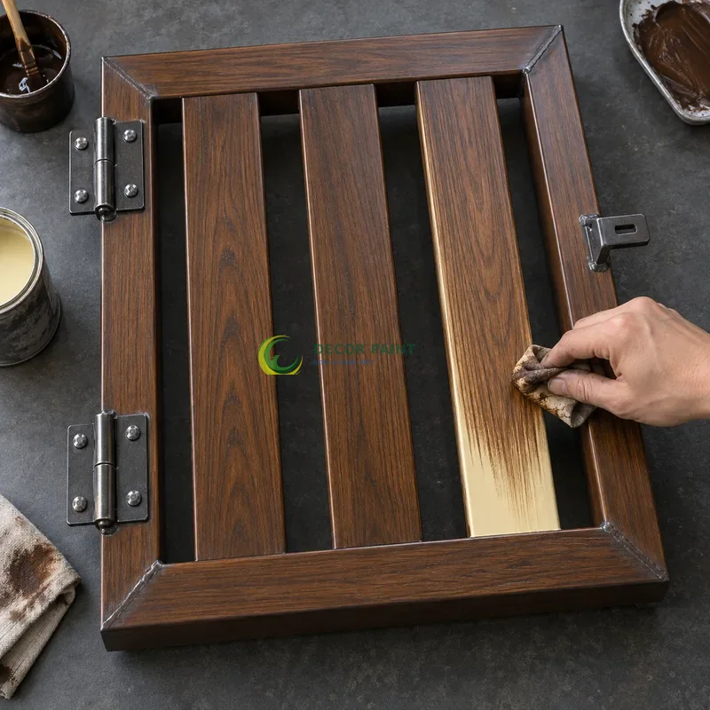 Mẫu sắt thép sơn giả gỗ óc chó sẫm, khung chữ nhật có ba lá dọc rộng, minh hoạ thao tác tạo vân trên lớp lót, góc gần từ trên xuống của bàn thao tác.