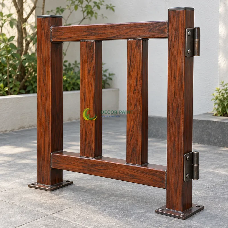 Mẫu sắt thép sơn giả gỗ cánh gián, ba thanh hộp vuông có hai thanh giằng, khoảng sân hiện đại nền xám, góc cao nhẹ thấy trọn môđun mẫu.