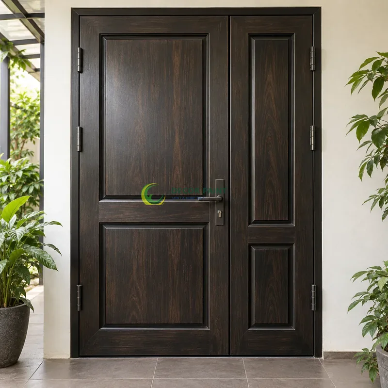 Cửa sắt thép 2 cánh sơn giả gỗ đen đậm, panô chữ nhật có tỷ lệ rộng hẹp khác nhau, lối đi có mái che sát vườn nhỏ, góc thấp vừa, thấy trọn chủ thể.