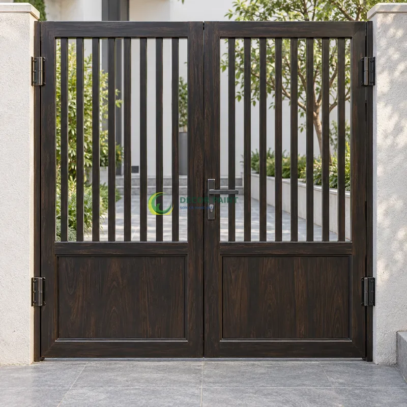 Cửa sắt thép 2 cánh sơn giả gỗ đen đậm, panô kín phía dưới và nan thoáng phía trên, khoảng sân hiện đại nền xám, góc thấp vừa, thấy trọn chủ thể.