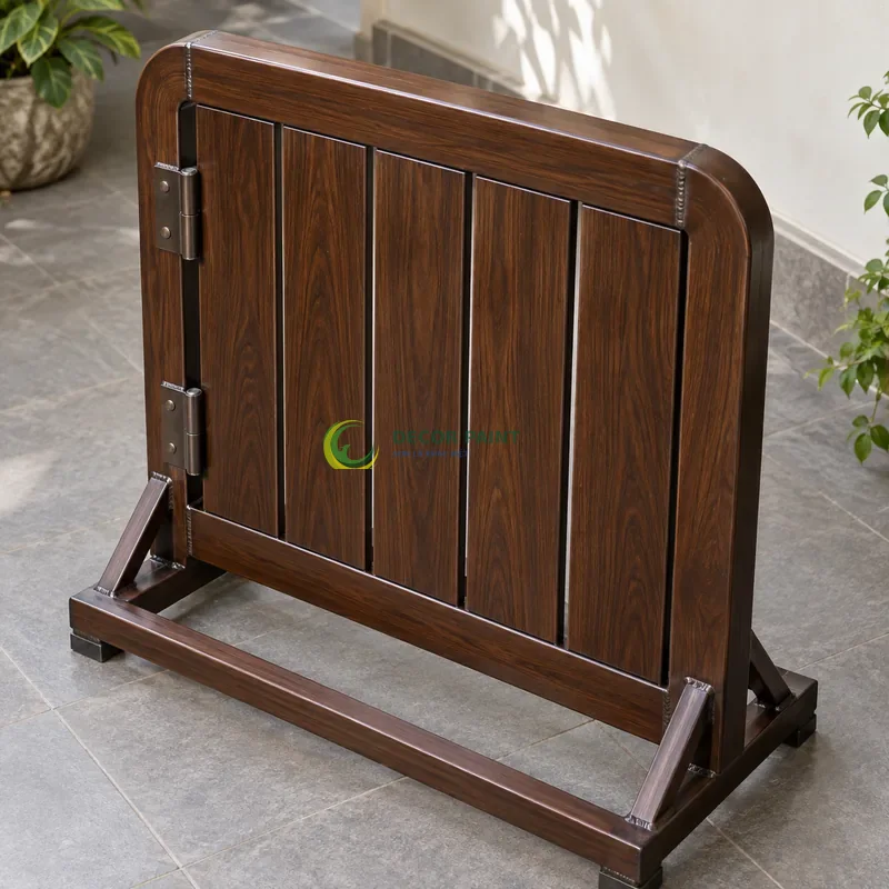Mẫu sắt thép sơn giả gỗ óc chó sẫm, tấm mẫu bo góc trên giá đỡ, lối đi có mái che sát vườn nhỏ, góc gần từ trên xuống của bàn thao tác.