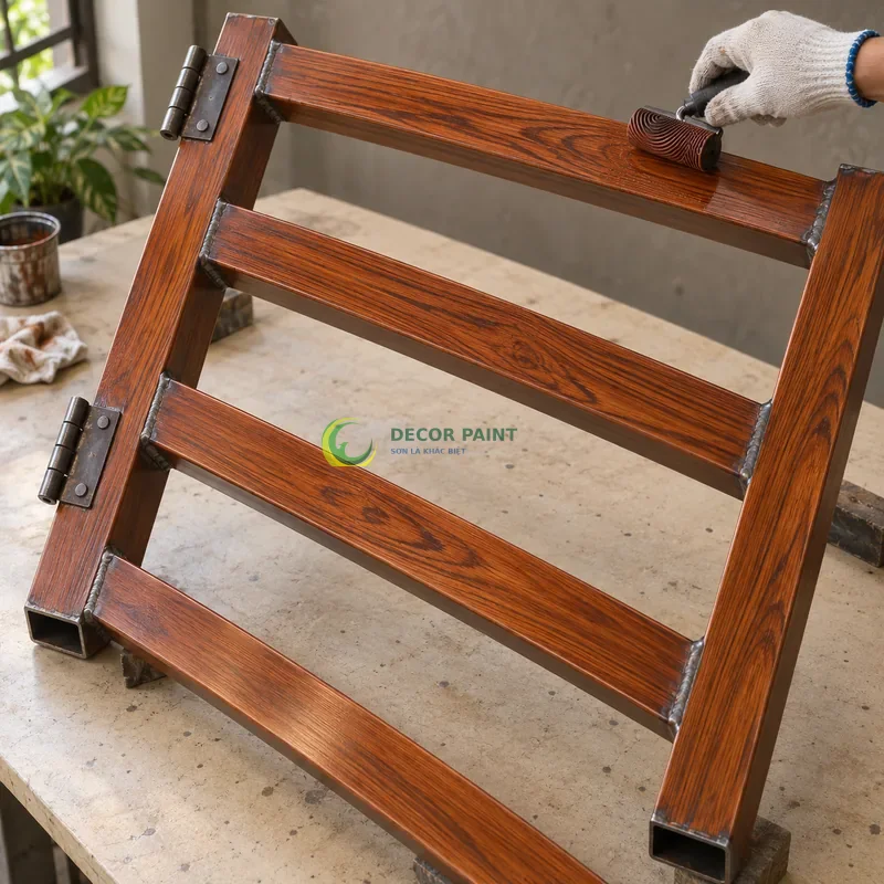 Mẫu sắt thép sơn giả gỗ cánh gián, khung mẫu có bốn thanh ngang, minh hoạ thao tác tạo vân trên lớp lót, góc cao chéo theo đường chéo khung hình.