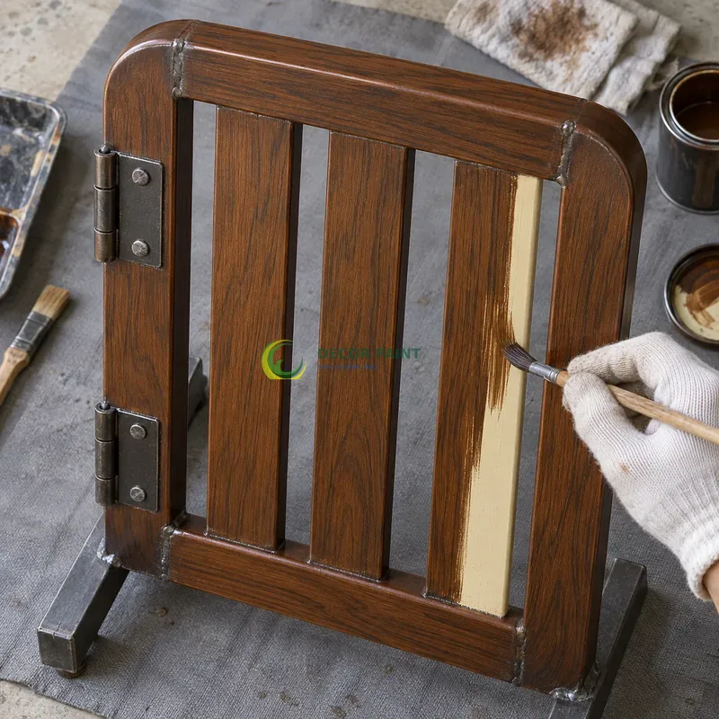 Mẫu sắt thép sơn giả gỗ óc chó sẫm, tấm mẫu bo góc trên giá đỡ, minh hoạ thao tác tạo vân trên lớp lót, góc gần từ trên xuống của bàn thao tác.