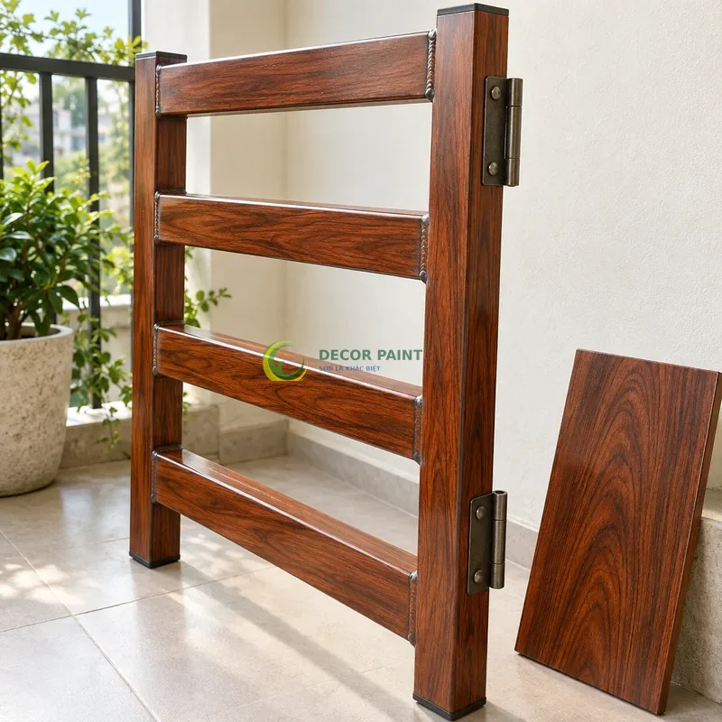 Mẫu sắt thép sơn giả gỗ cánh gián, khung mẫu có bốn thanh ngang, với mẫu màu để tham khảo lựa chọn, góc cận bên phải thấy rõ chiều sâu thanh.