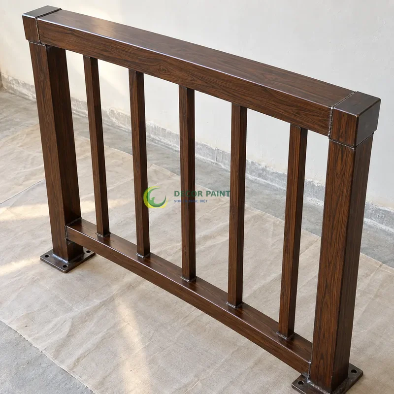 Mẫu sắt thép sơn giả gỗ óc chó sẫm, môđun lan can có tay vịn và năm thanh đứng, góc thi công nhà ở gọn gàng, góc gần từ trên xuống của bàn thao tác.