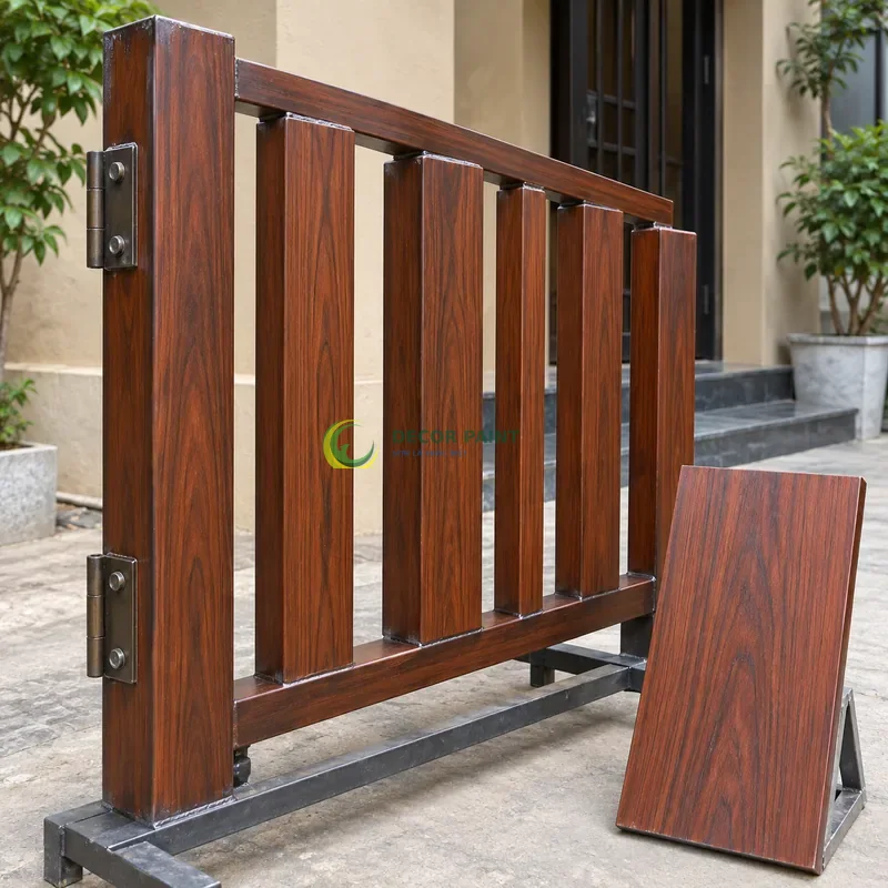 Mẫu sắt thép sơn giả gỗ cánh gián, sáu thanh mẫu rộng hẹp trên cùng giá, với mẫu màu để tham khảo lựa chọn, góc cận nhấn cạnh đầu vật mẫu.