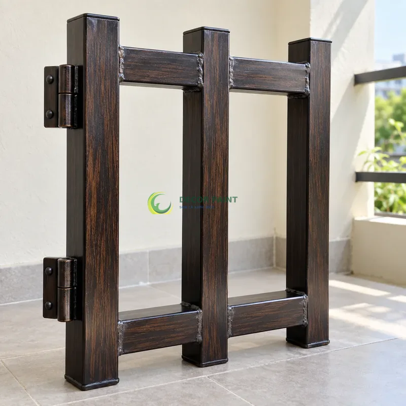 Mẫu sắt thép sơn giả gỗ đen đậm, ba thanh hộp vuông có hai thanh giằng, góc ban công có mái che và tường ngà, góc cận ba phần tư trên bàn.