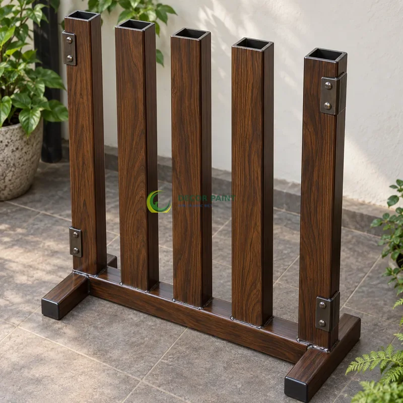 Mẫu sắt thép sơn giả gỗ óc chó sẫm, năm thanh đứng trên giá mẫu thấp, lối đi có mái che sát vườn nhỏ, góc gần từ trên xuống của bàn thao tác.