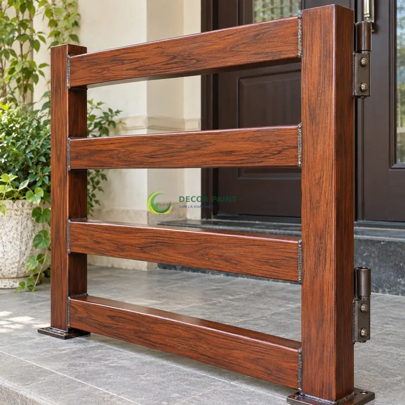 Mẫu sắt thép sơn giả gỗ cánh gián, khung mẫu có bốn thanh ngang, lối vào nhà phố có tường sáng, góc cận bên phải thấy rõ chiều sâu thanh.