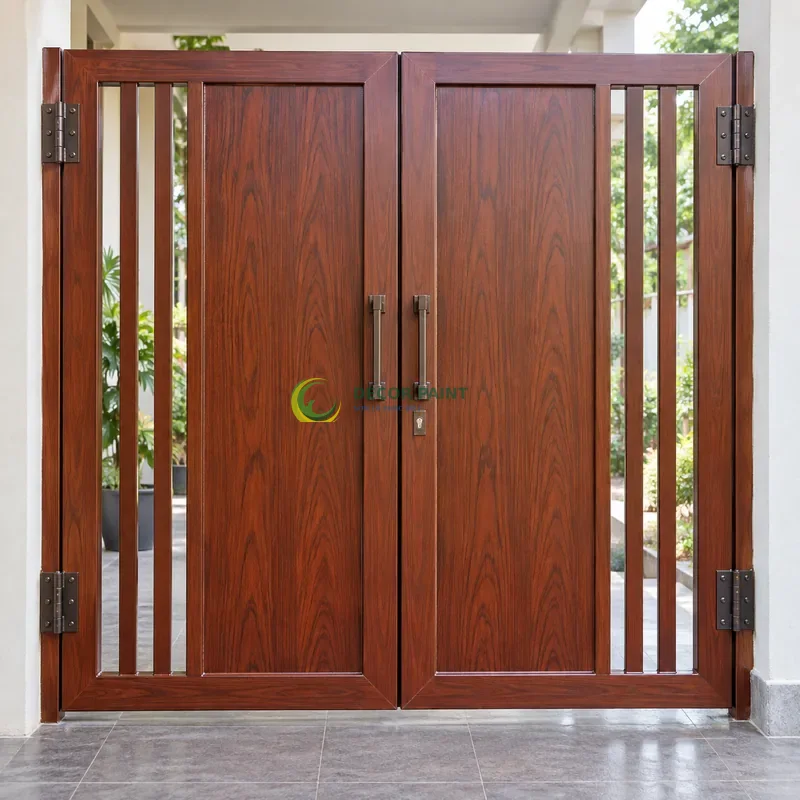 Cửa sắt thép 2 cánh sơn giả gỗ cánh gián, panô giữa rộng và dải nan thoáng hẹp, hiên nhà sáng có cây xanh phía xa, góc gần chính diện, thấy rõ kết cấu.
