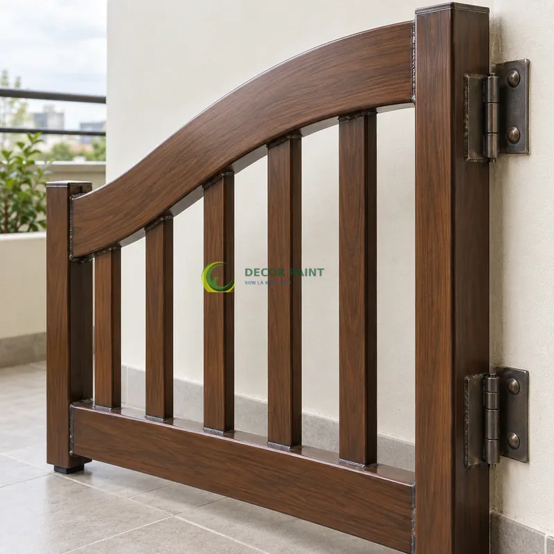Mẫu sắt thép sơn giả gỗ óc chó sẫm, thanh cong nhẹ có giằng thẳng, góc ban công có mái che và tường ngà, góc cận bên phải thấy rõ chiều sâu thanh.