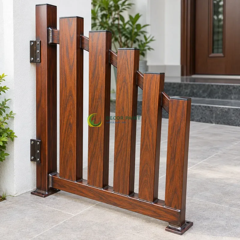 Mẫu sắt thép sơn giả gỗ cánh gián, sáu thanh mẫu rộng hẹp trên cùng giá, lối vào có bậc thấp và tường bên màu trắng, góc cận bên trái với vật mẫu dựng đứng.