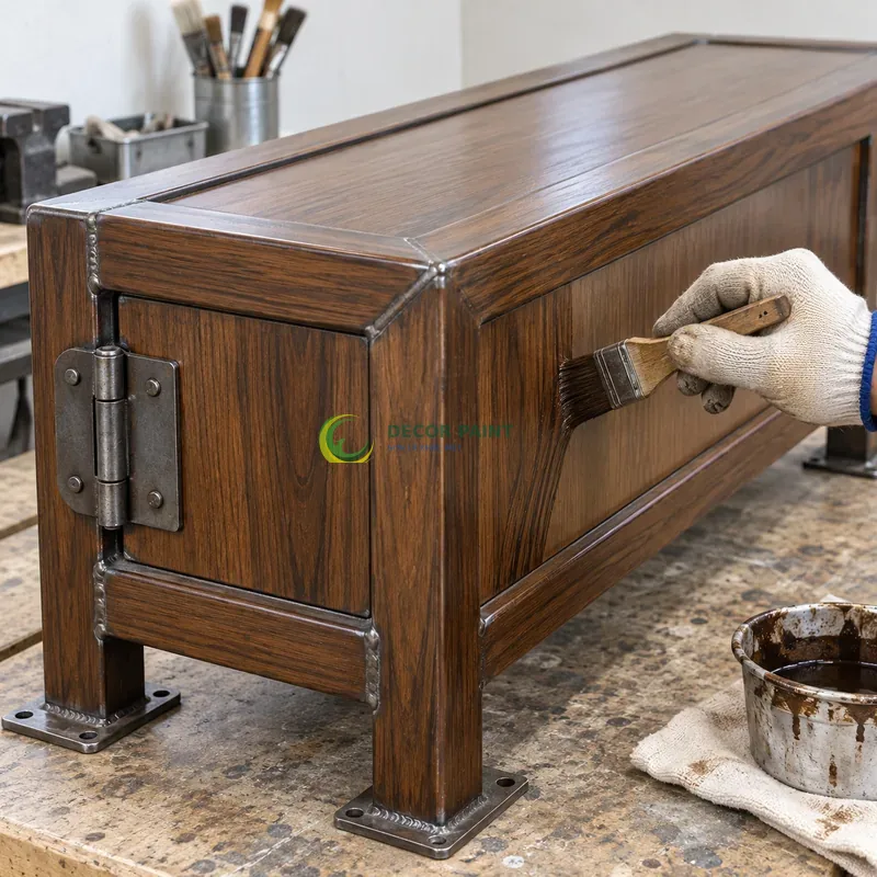 Mẫu sắt thép sơn giả gỗ óc chó sẫm, panô âm trong khung nổi, minh hoạ thao tác tạo vân trên lớp lót, góc cận nhấn cạnh đầu vật mẫu.