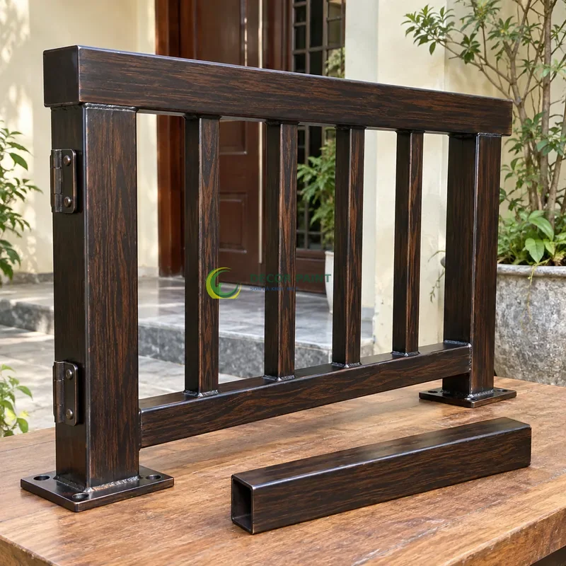 Mẫu sắt thép sơn giả gỗ đen đậm, môđun lan can có tay vịn và năm thanh đứng, với mẫu màu để tham khảo lựa chọn, góc cận ba phần tư trên bàn.