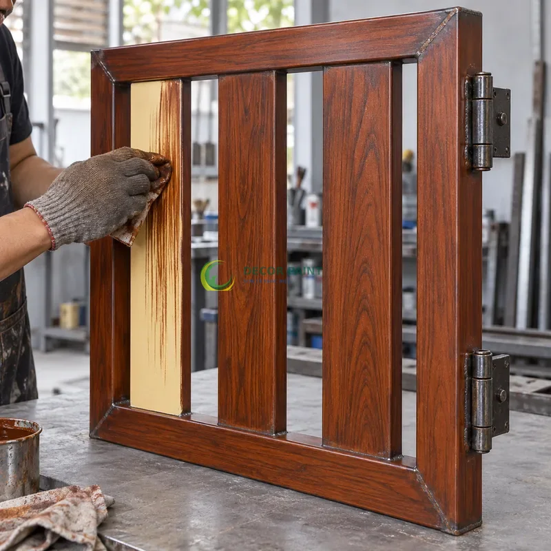 Mẫu sắt thép sơn giả gỗ cánh gián, khung chữ nhật có ba lá dọc rộng, minh hoạ thao tác tạo vân trên lớp lót, góc cận bên phải thấy rõ chiều sâu thanh.