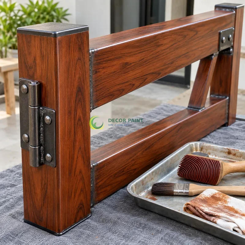 Mẫu sắt thép sơn giả gỗ cánh gián, hai thanh hộp rộng nối vuông góc, bên dụng cụ tạo vân và mẫu sơn hoàn thiện, góc cận nhấn cạnh đầu vật mẫu.
