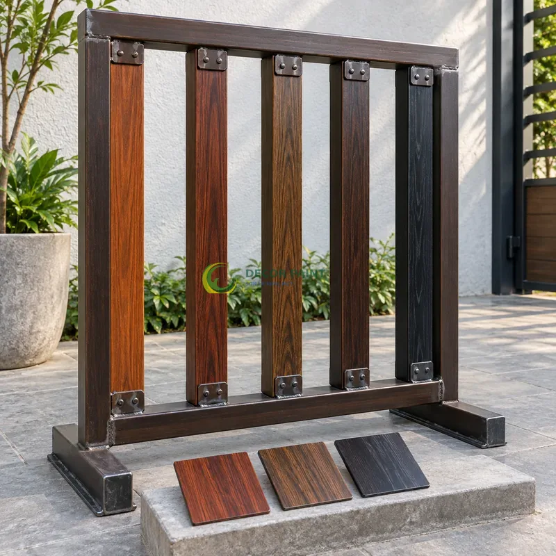 Mẫu sắt thép sơn giả gỗ cánh gián, óc chó và đen đậm, năm thanh đứng trên giá mẫu thấp, trưng bày các mẫu sơn cánh gián, óc chó và đen đậm, góc cao nhẹ thấy trọn môđun mẫu.