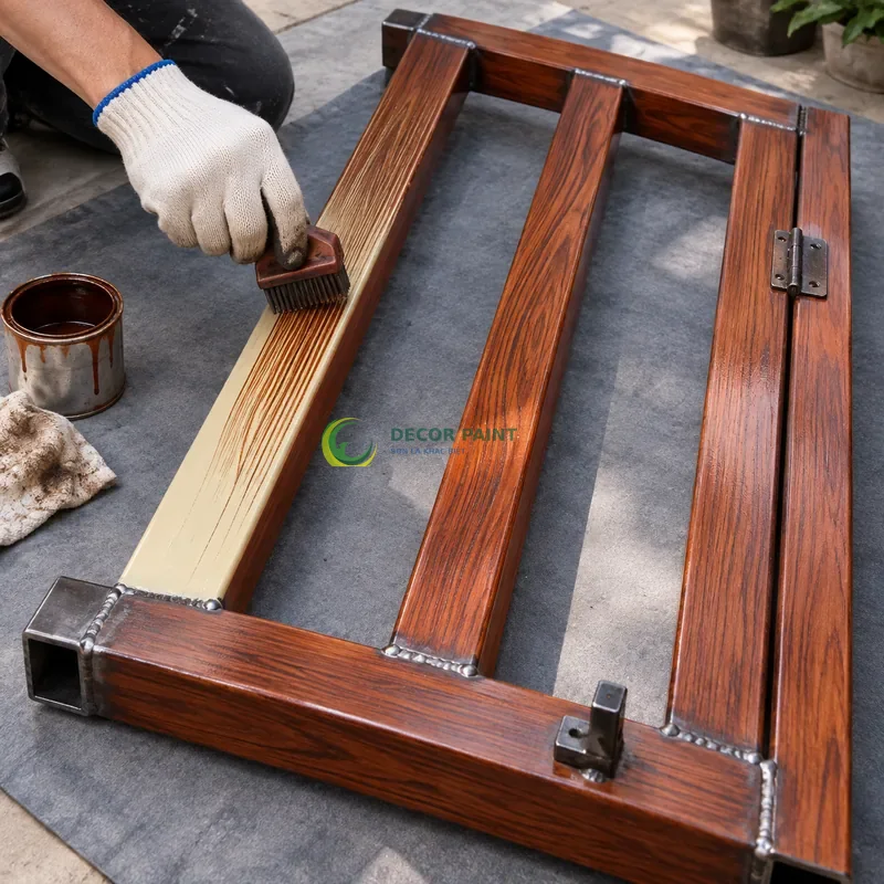 Mẫu sắt thép sơn giả gỗ cánh gián, ba thanh hộp vuông có hai thanh giằng, minh hoạ thao tác tạo vân trên lớp lót, góc cao chéo theo đường chéo khung hình.