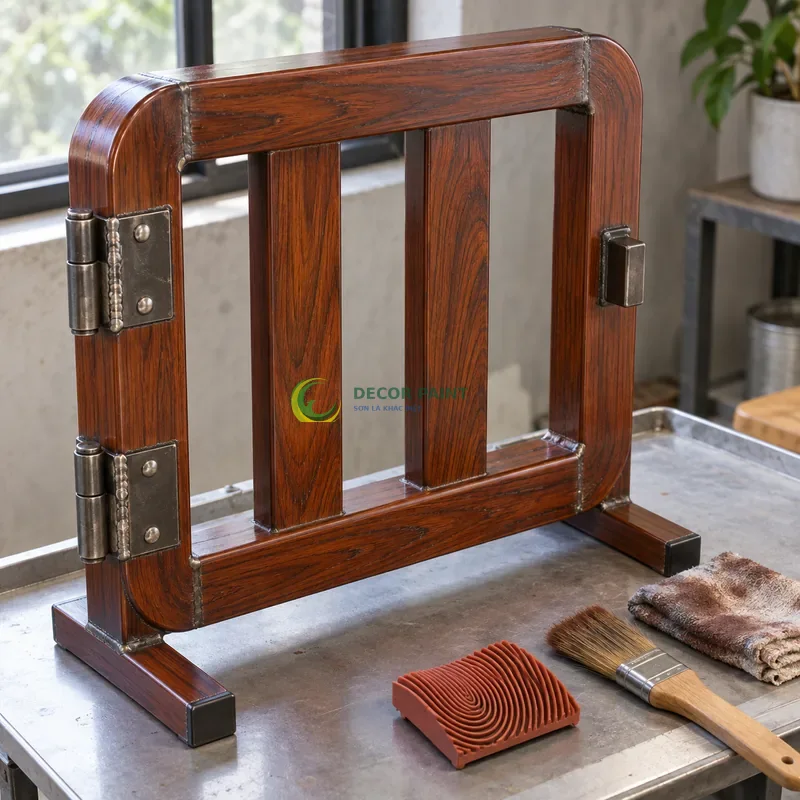 Mẫu sắt thép sơn giả gỗ cánh gián, tấm mẫu bo góc trên giá đỡ, bên dụng cụ tạo vân và mẫu sơn hoàn thiện, góc cao chéo theo đường chéo khung hình.