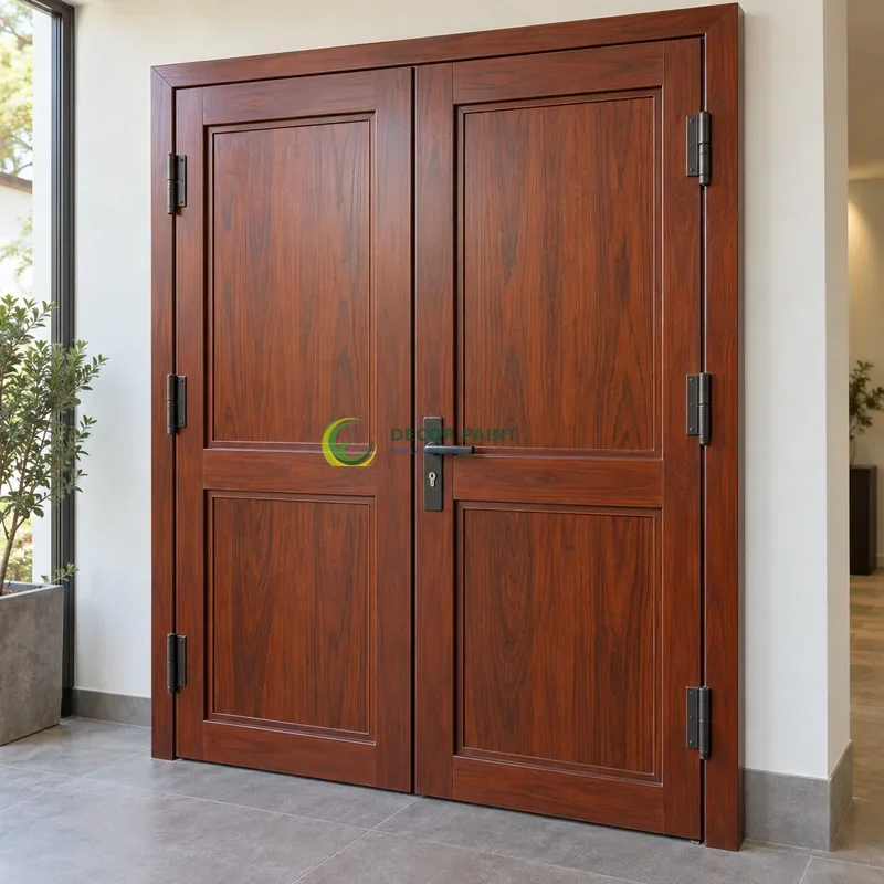 Cửa sắt thép 2 cánh sơn giả gỗ cánh gián, hai panô chữ nhật trên mỗi cánh, không gian trưng bày mẫu tường trắng, góc chếch từ trên xuống.
