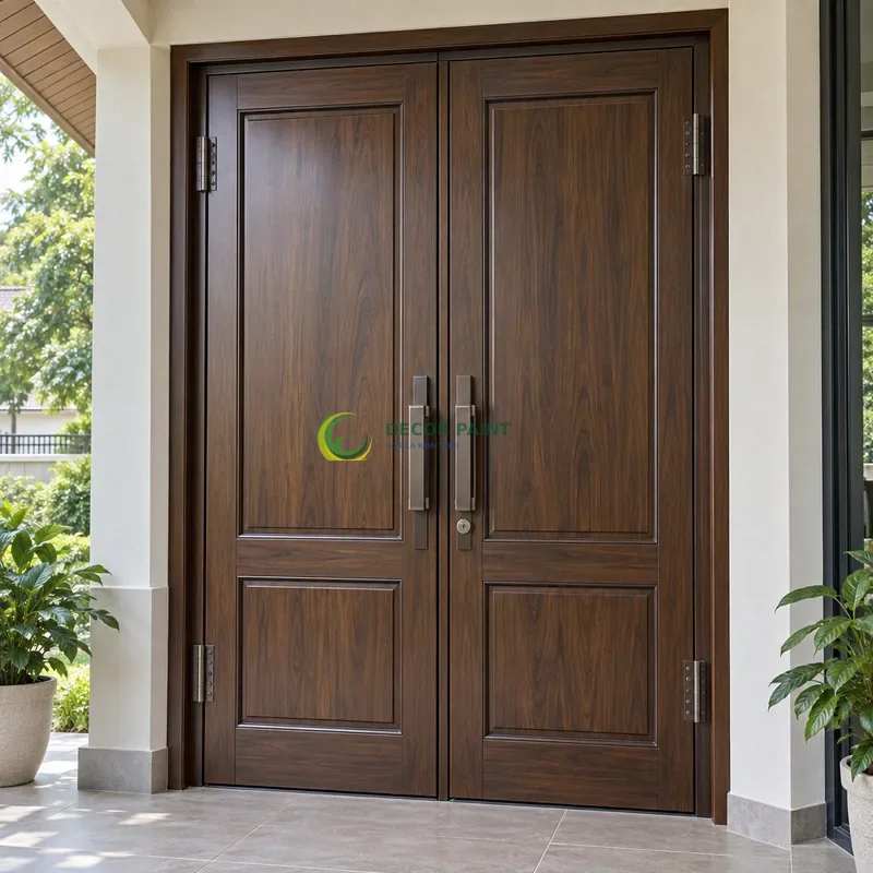 Cửa sắt thép 2 cánh sơn giả gỗ óc chó sẫm, panô dài phía trên và ô thấp phía dưới, hiên nhà sáng có cây xanh phía xa, góc chính diện cân đối.