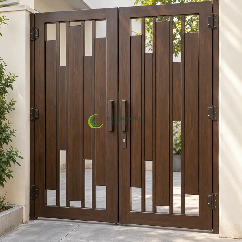 Cửa sắt thép 2 cánh sơn giả gỗ óc chó sẫm, các ô sắt dọc có cao độ thay đổi, sân trong có nền xi măng trung tính, góc chính diện cân đối.